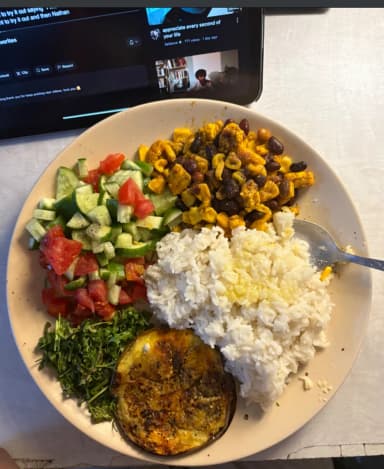 Rice, Salad & Begun Bhaja